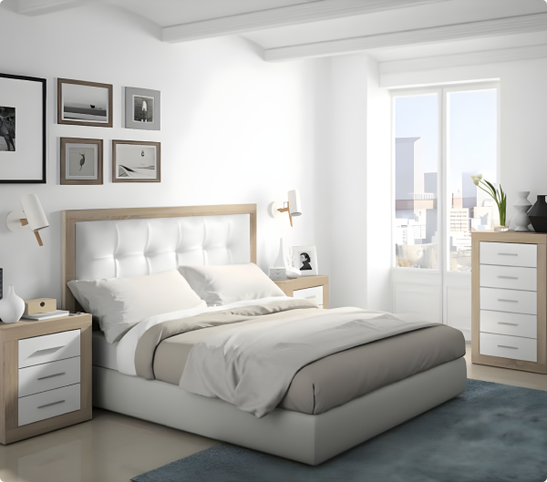 Dormitorio blanco y madera nórdico