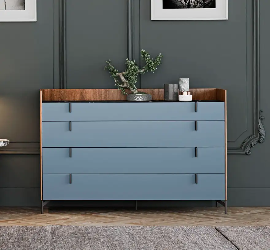 comoda clor azul y tiradores negros