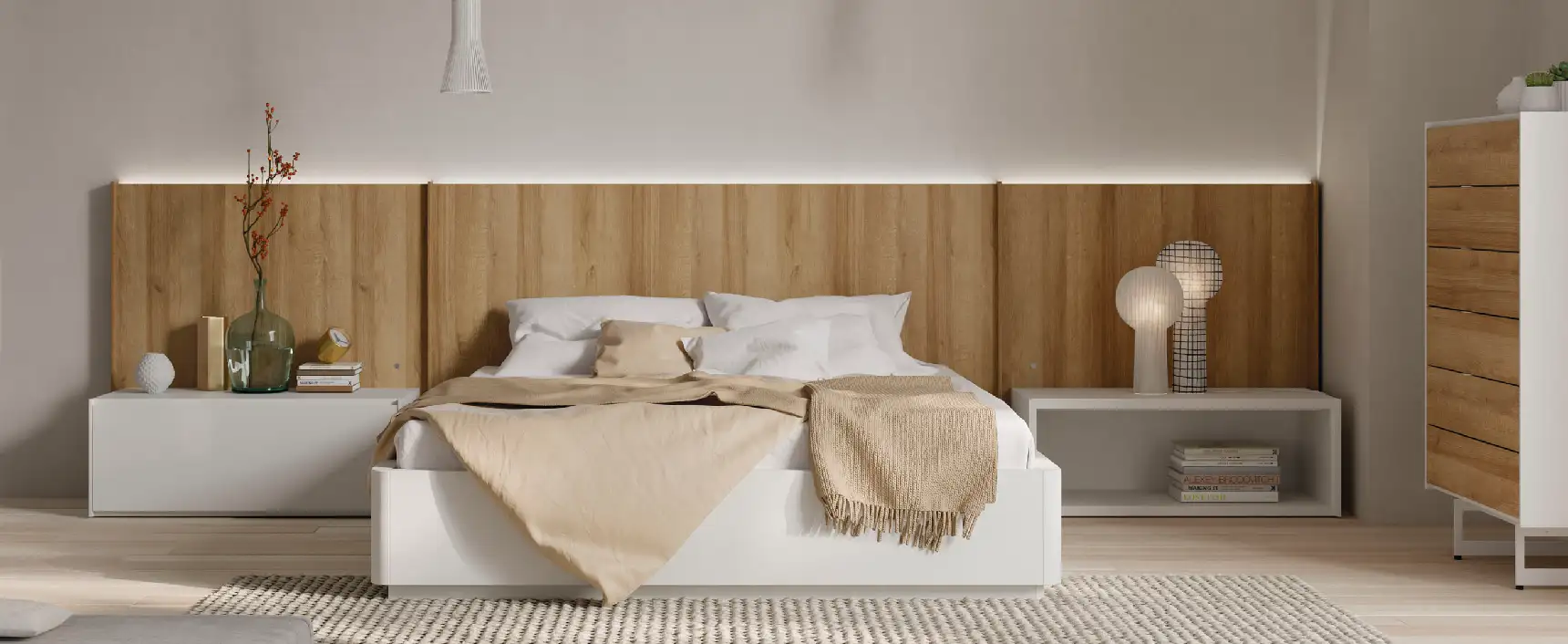 dormitorio blanco y madera