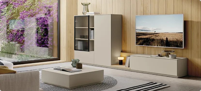 mueble de salón con vitrina color crudo